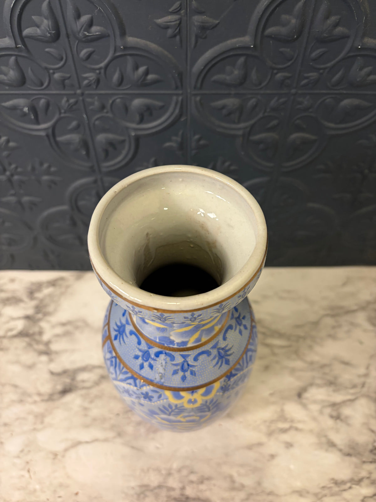 Yellow and Blue Ceramic vase with Gold Trim