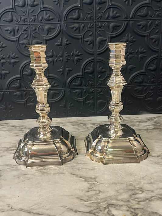 Silver Plate Set of 2 Candle Holders with Square Base