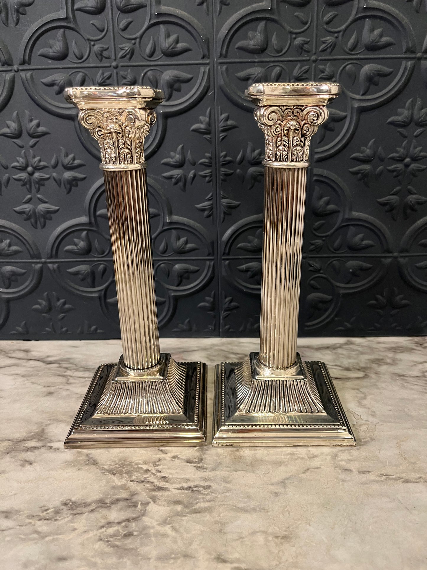 Silver Plate Column Candle Holder set of 2