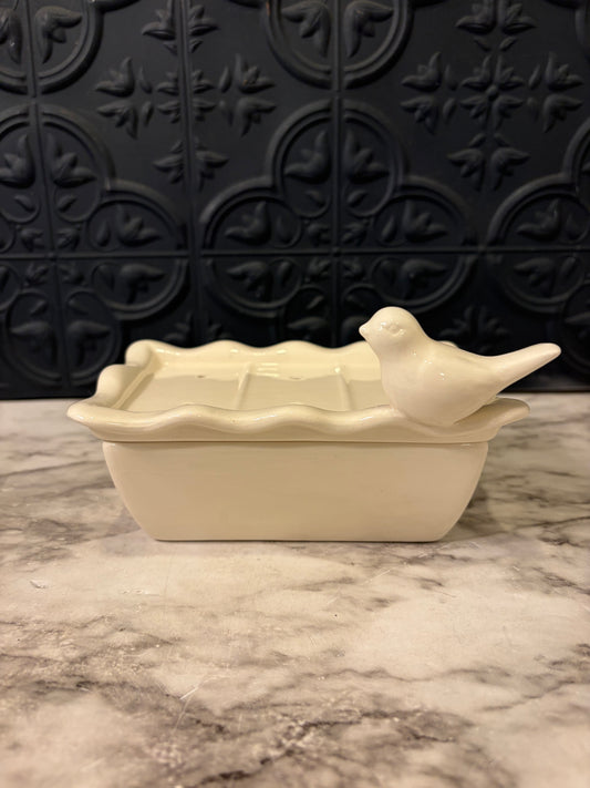 White Ceramic Soap Dish with Bird