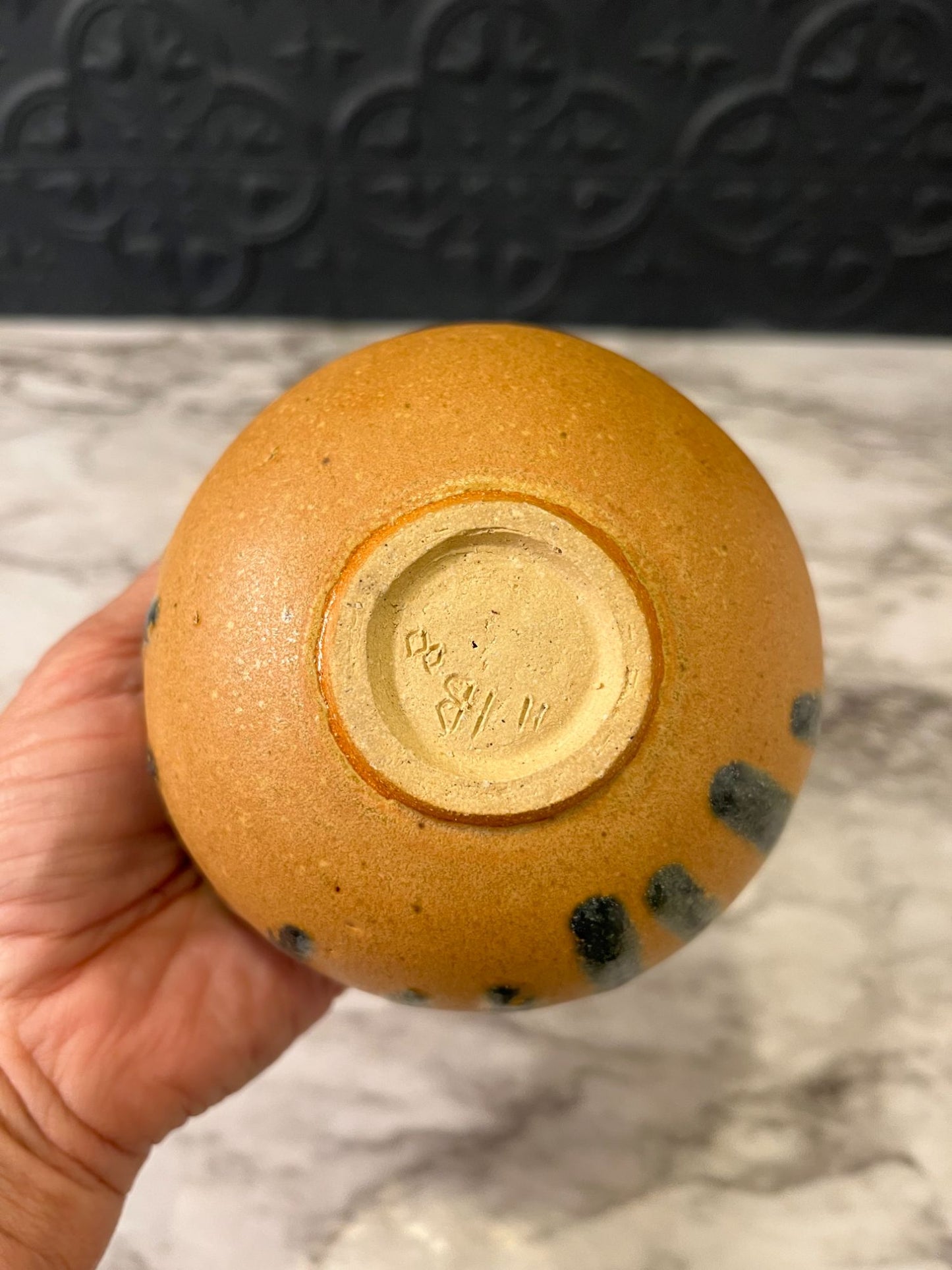 Small Tan Pottery Bowl with  Green Drip