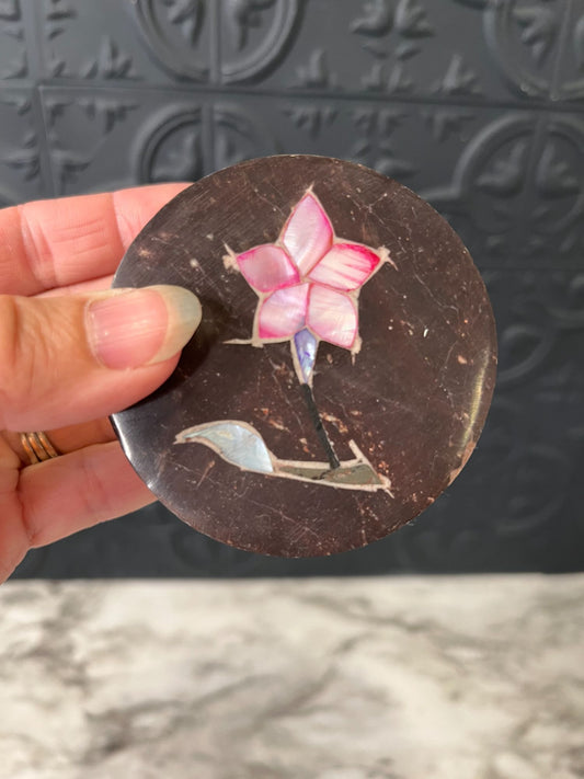 Round Dark Brown Stone box  with flower inlay