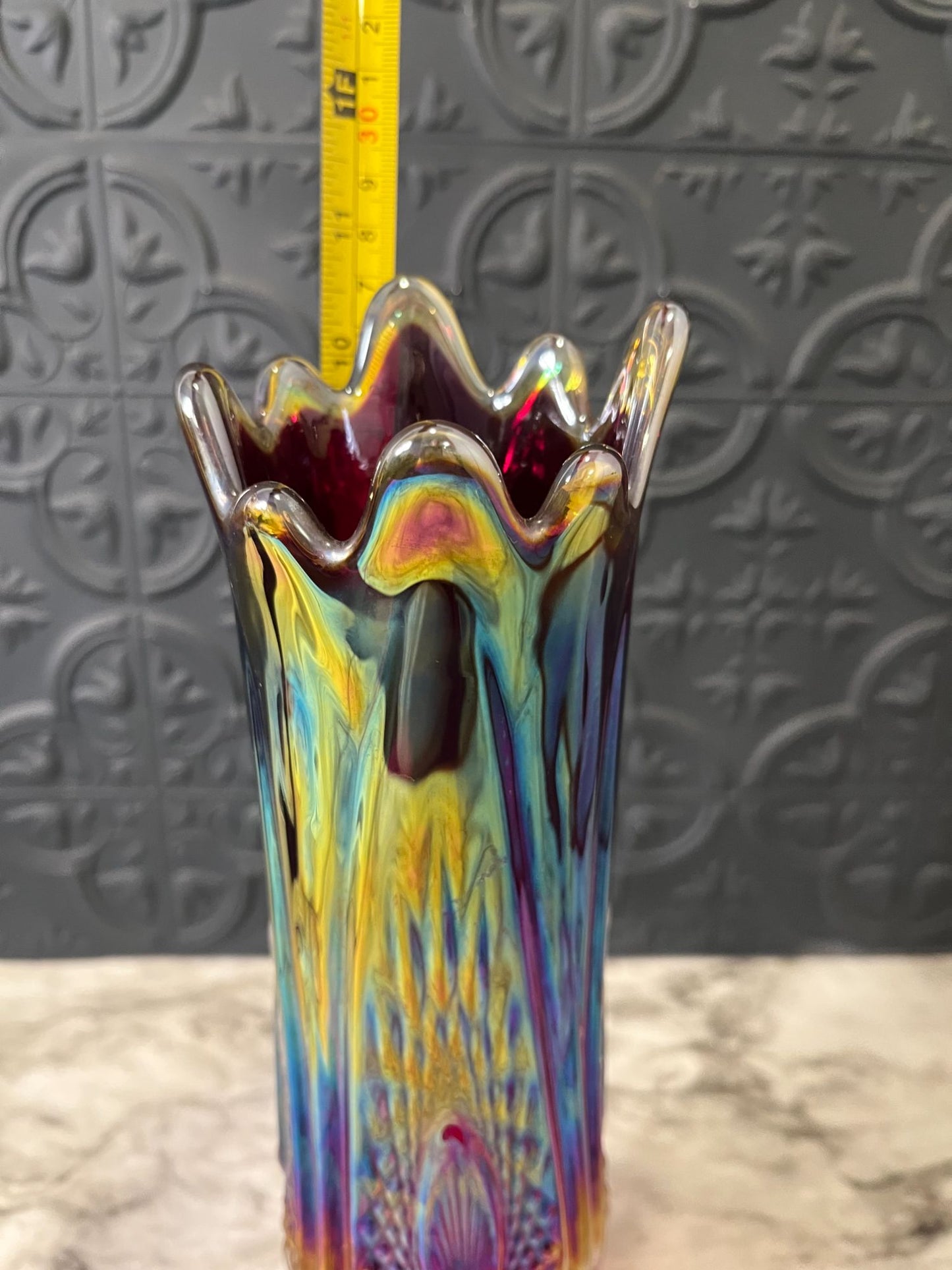 Indiana Glass  Heirloom Carnival Glass Swung Vase