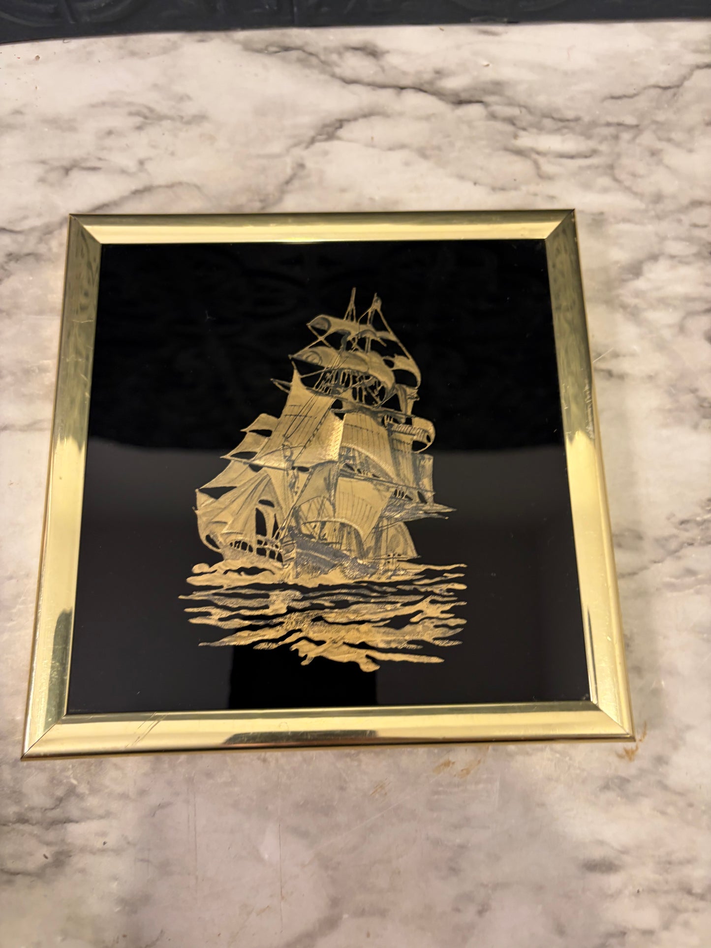 Gold Foil Ship on Black Framed
