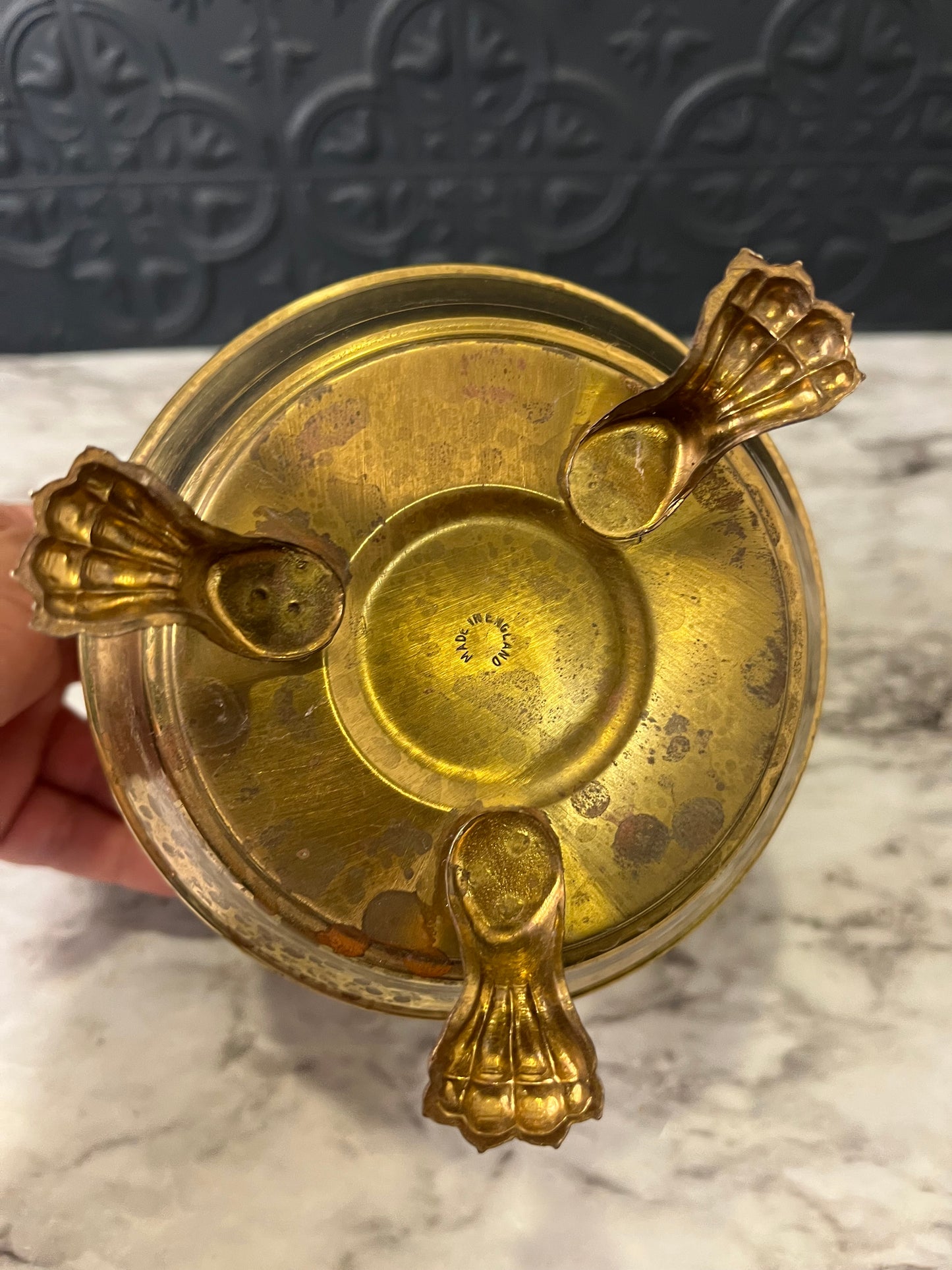 Footed Brass Pot with Rose relief