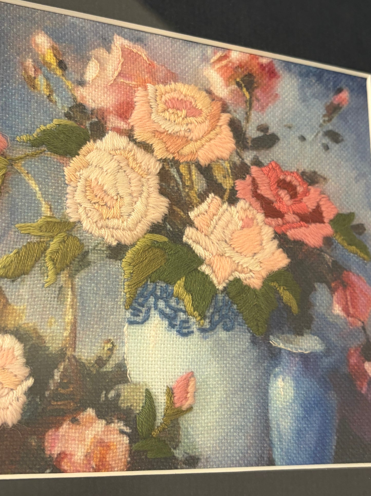Blue and Pink Rose Boquet Stitchery