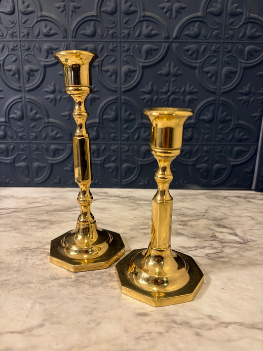 Set of 2 Hex Staff Candlesticks 7.25, 5.5"