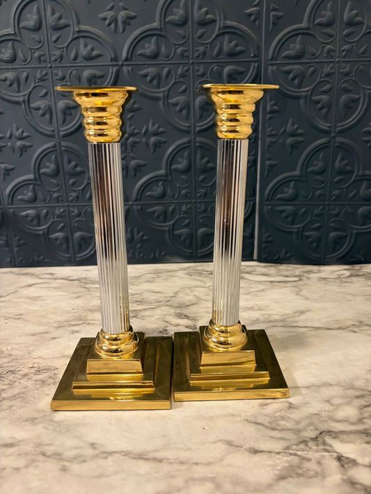 Brass and Silver Column Candle Holder Set of 2