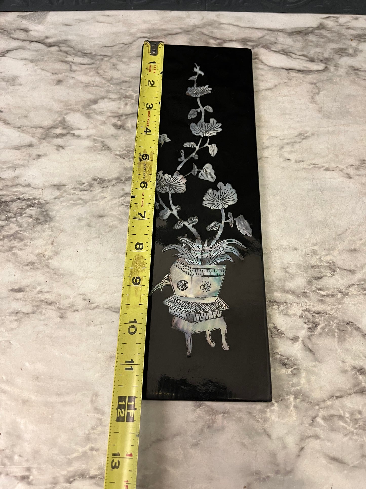 Black Laquer Asian Wall Panel Hexagon Vase with Mother of Pearl