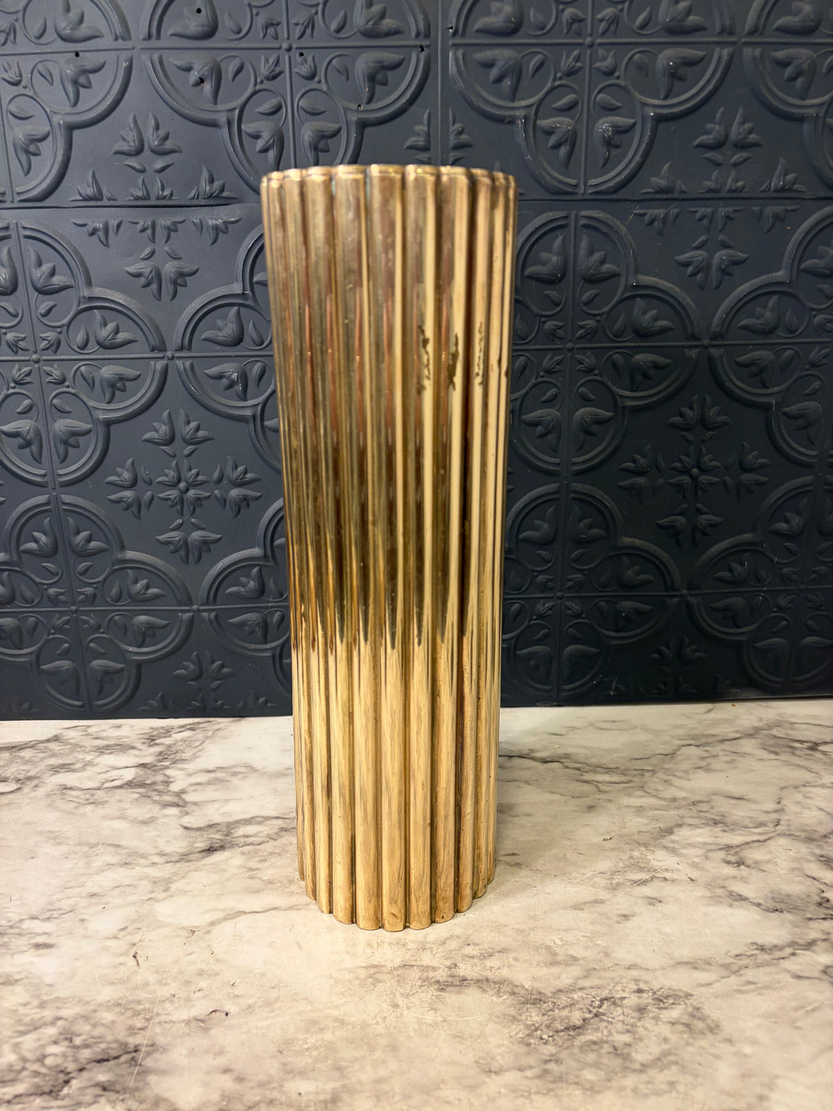 Tall  Ribbed Cylinder Brass Vase