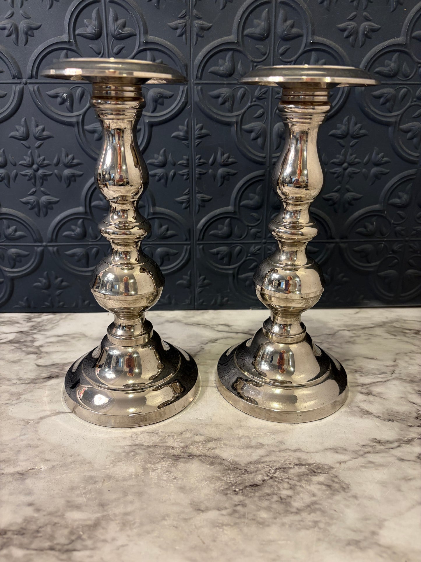 Set of Two Silver plate Candle Holders 9"