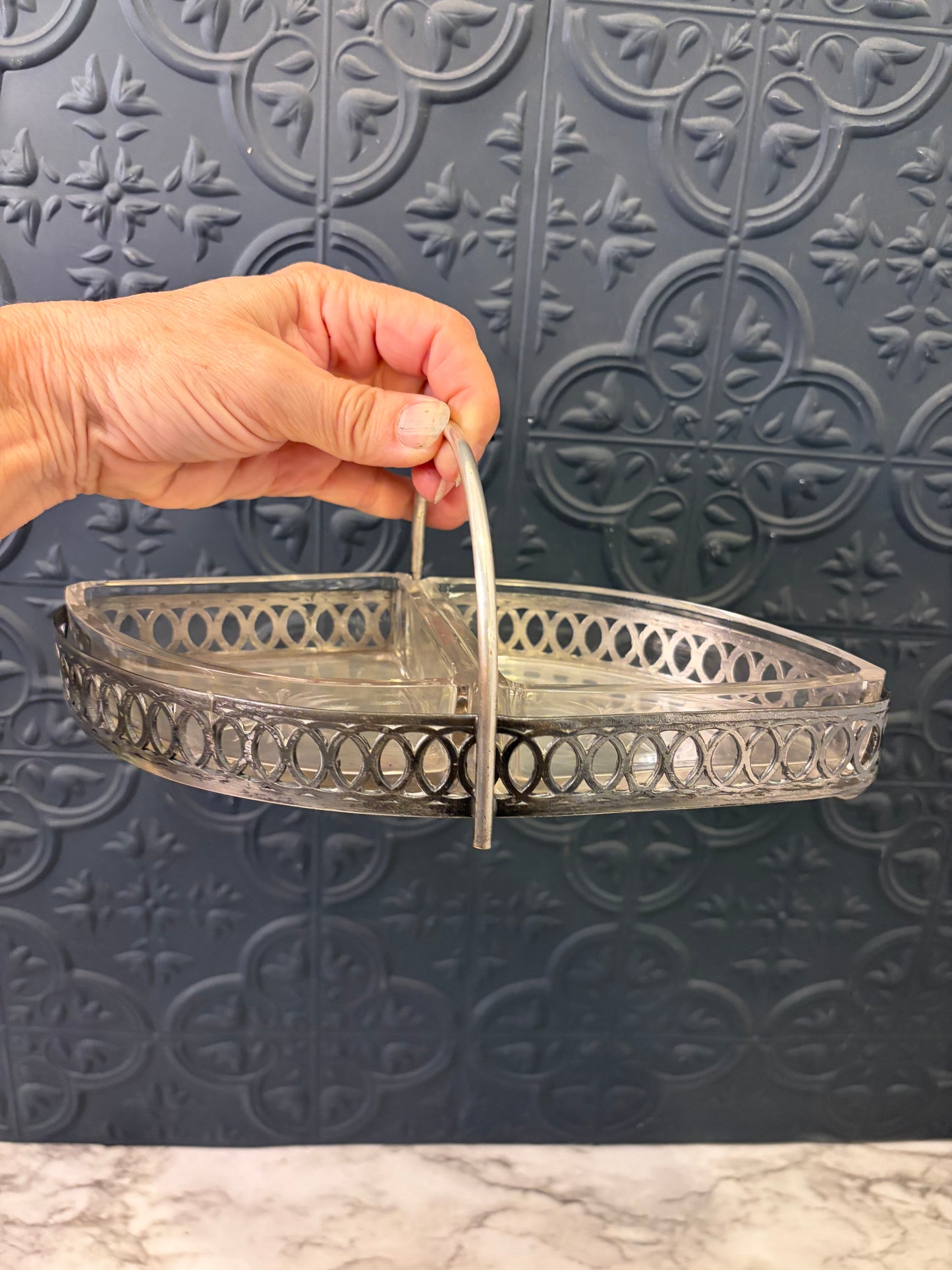 Split Silver Plate and Glass Serving dish with Handle