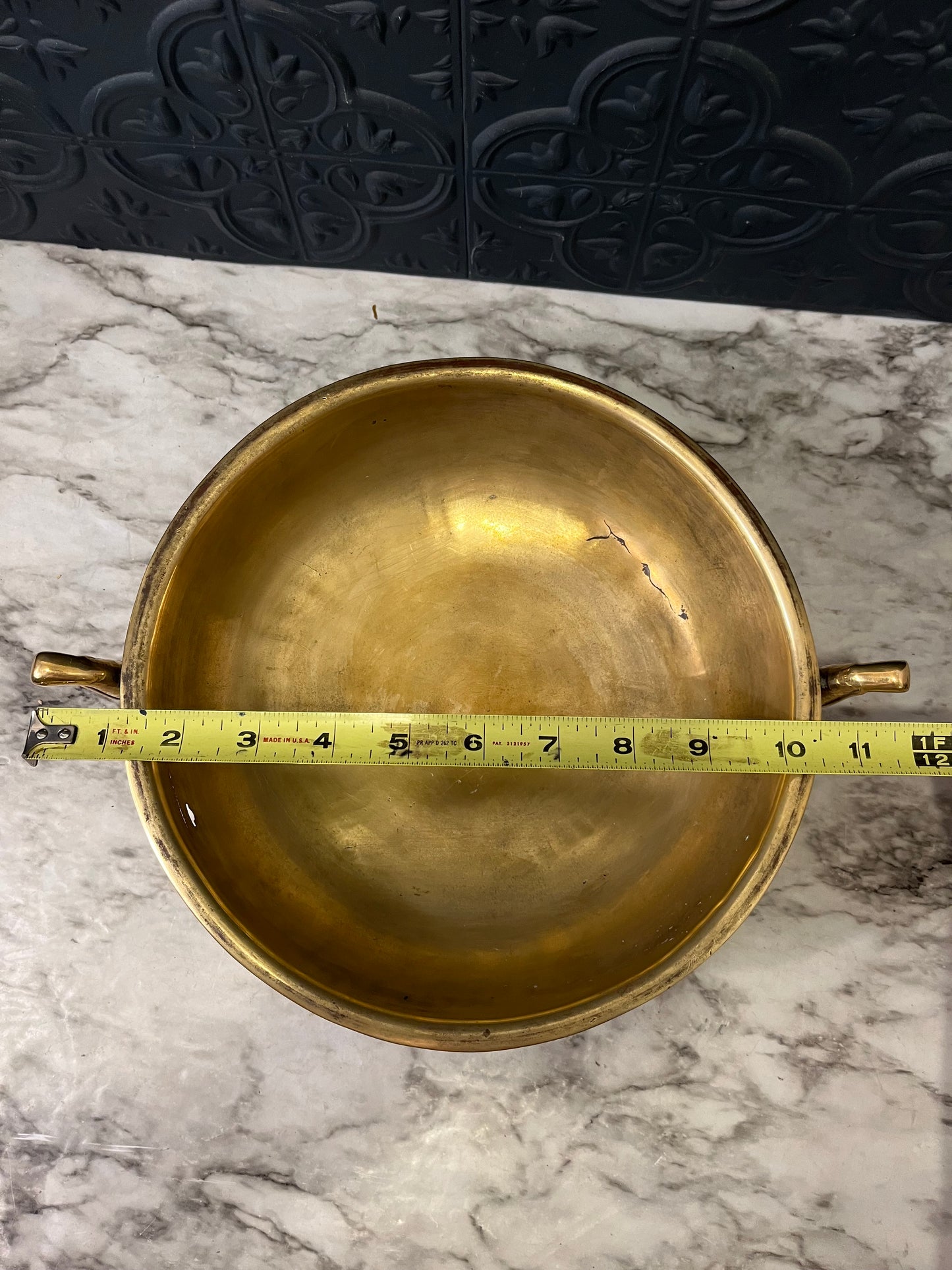 Solid Brass Footed Bowl with Handles and Etching around Rim