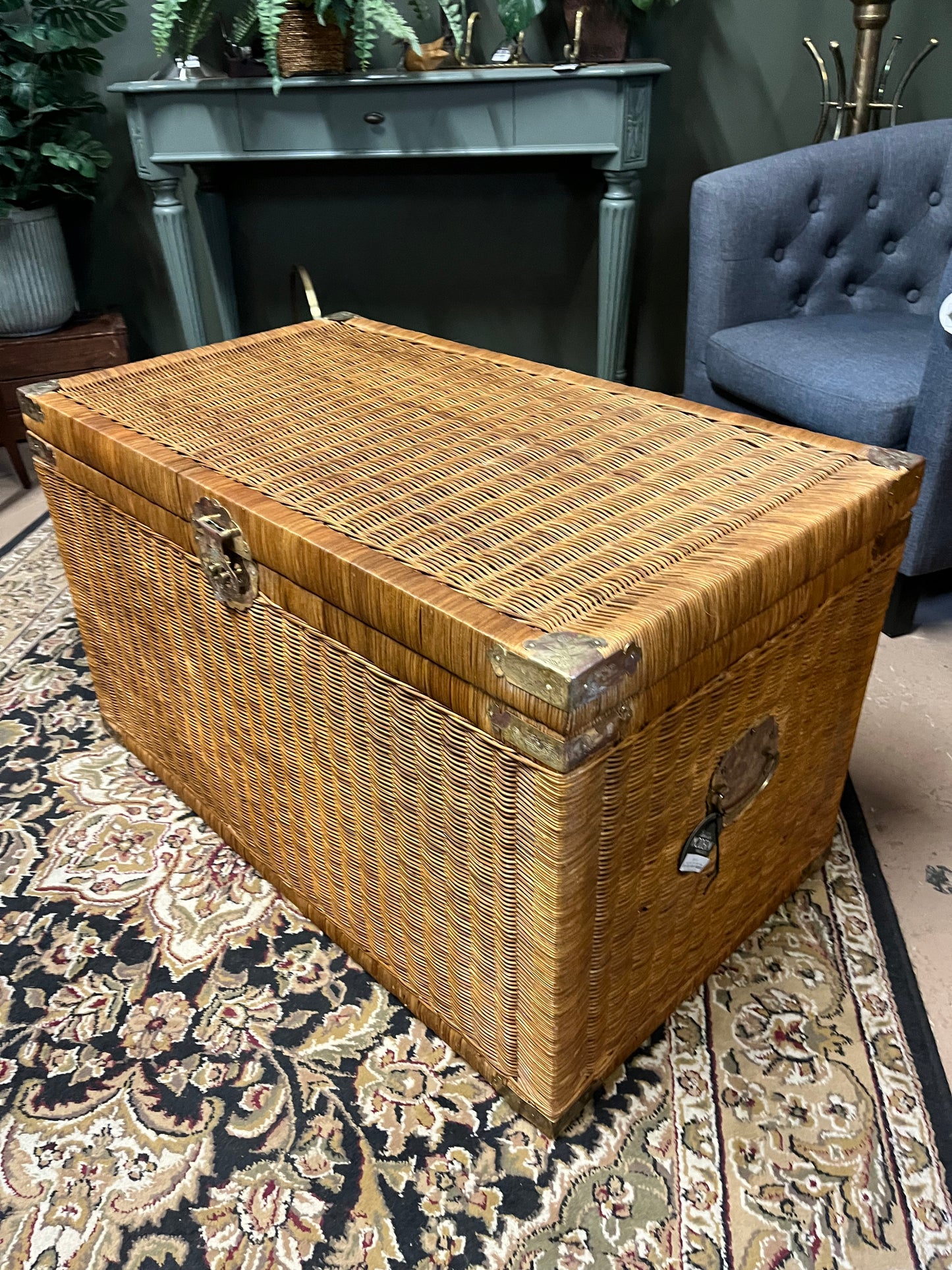 Large wicker Trunk with brass etched details
