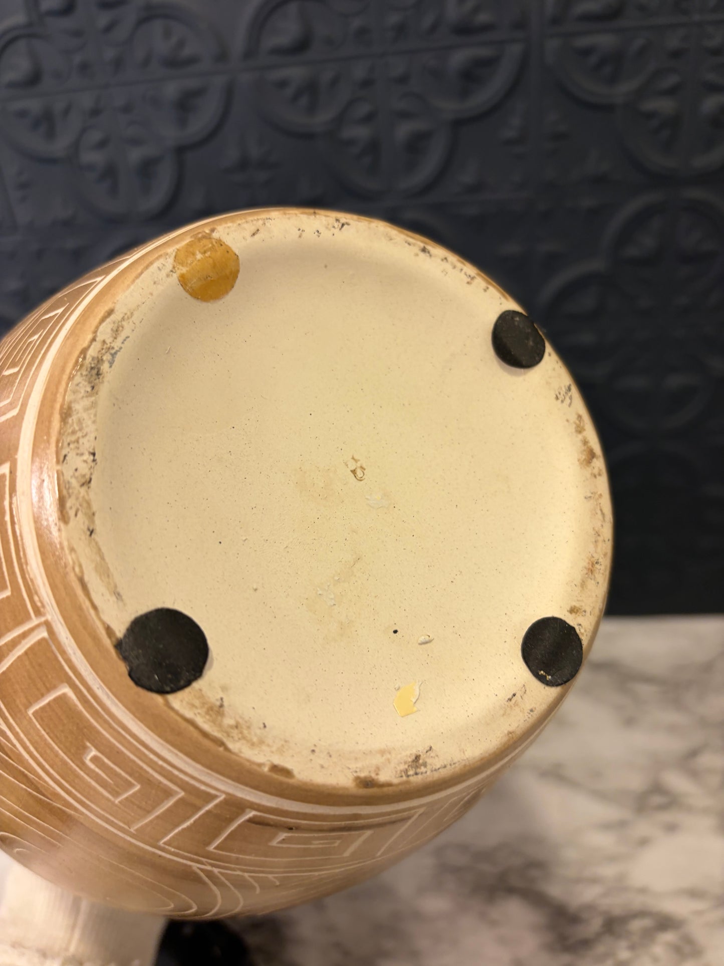Tan Vase with Cream Greek Key Etching