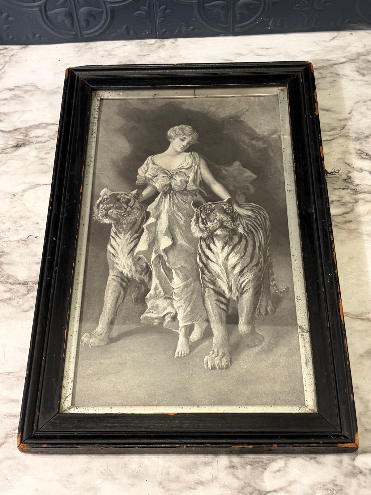 Antique 3d Print of Woman with Tigers