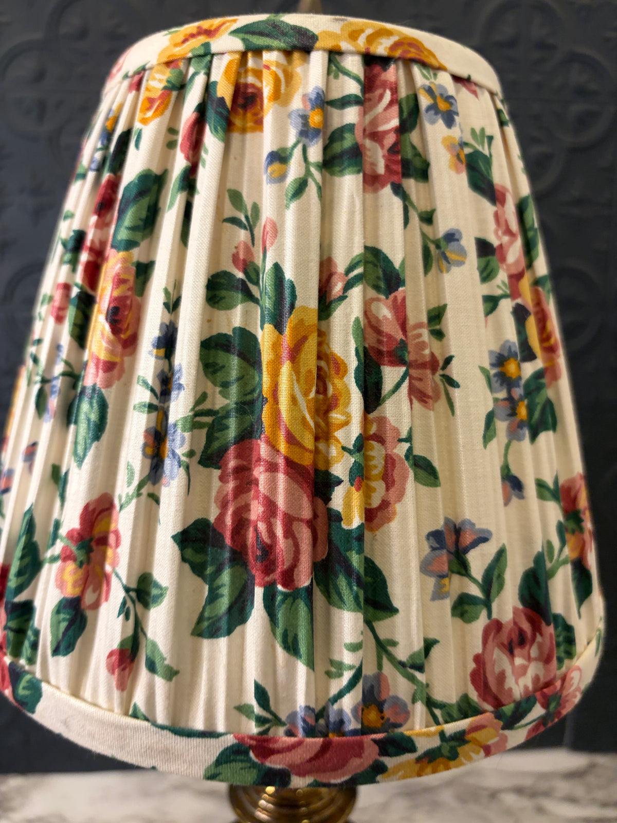 Brass Table Lamp with Floral Pleated Shade