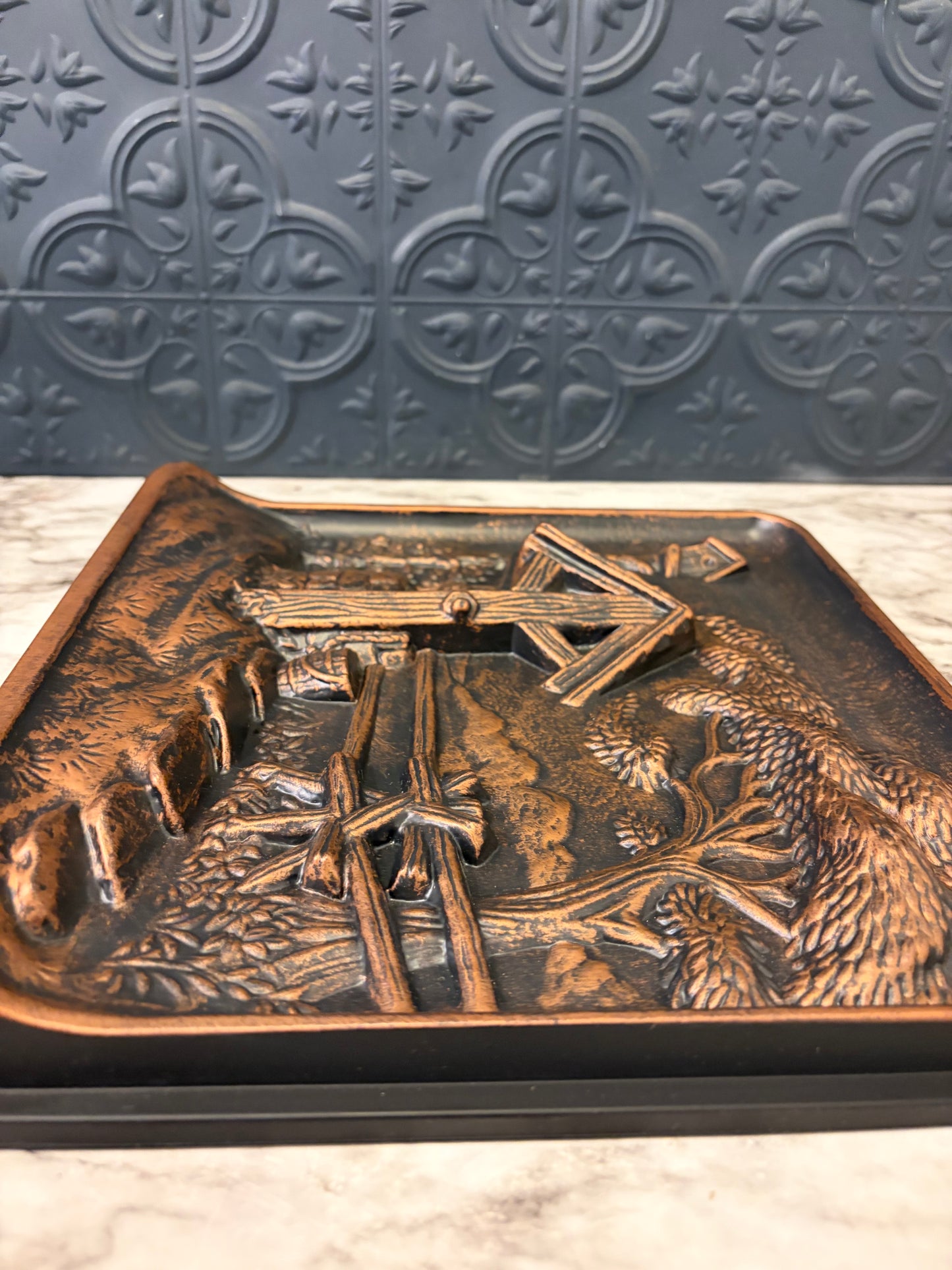 Vintage 3D Relief Wall Plaque with Well