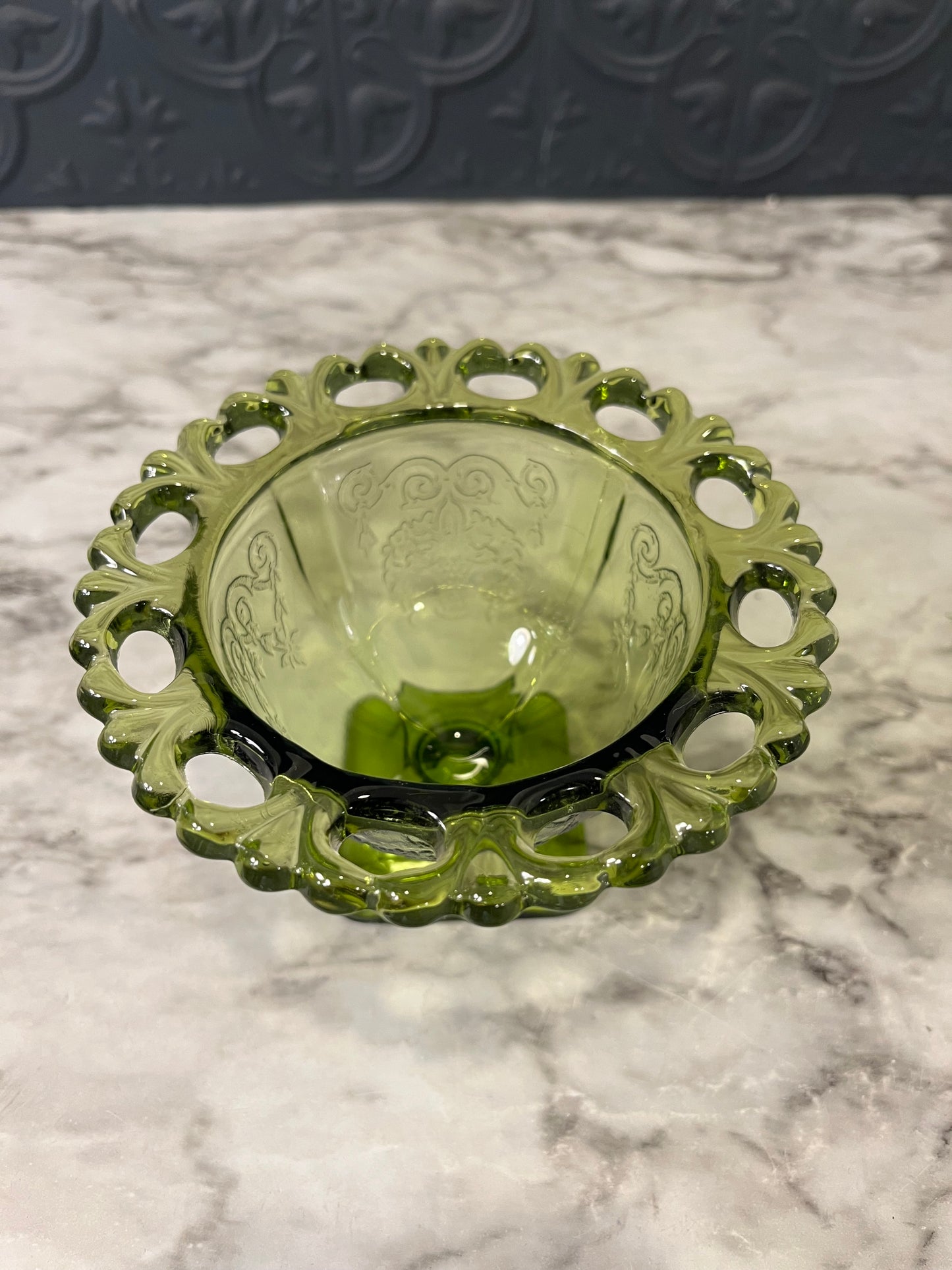 Green Glass Lace Edge Pedestal Bowl