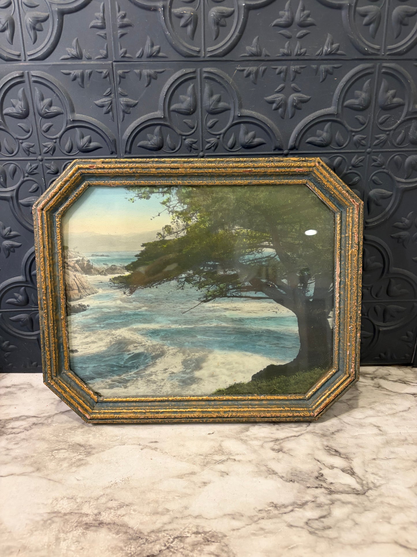 Vintage Art of Coastline in Octagon Frame