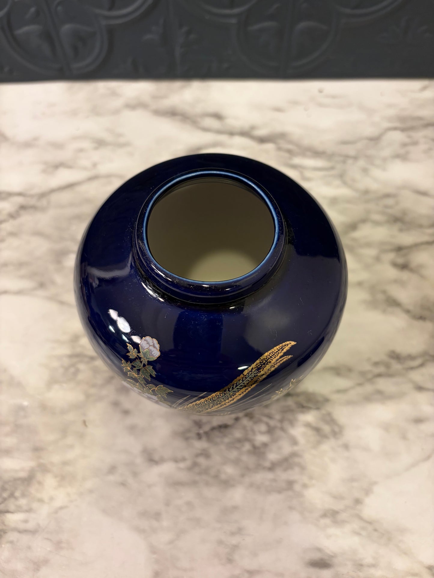Cobalt Japanese Vase with Gold Trim pheasant