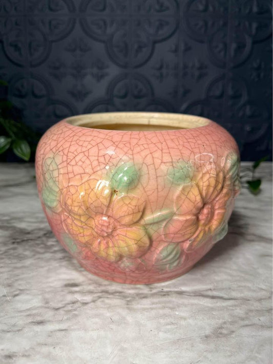 Crackle Pink Planter Pot With Flowers