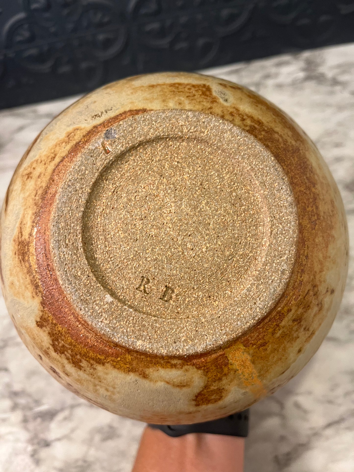 Brown Pottery Bowl Stamped RB Tan
