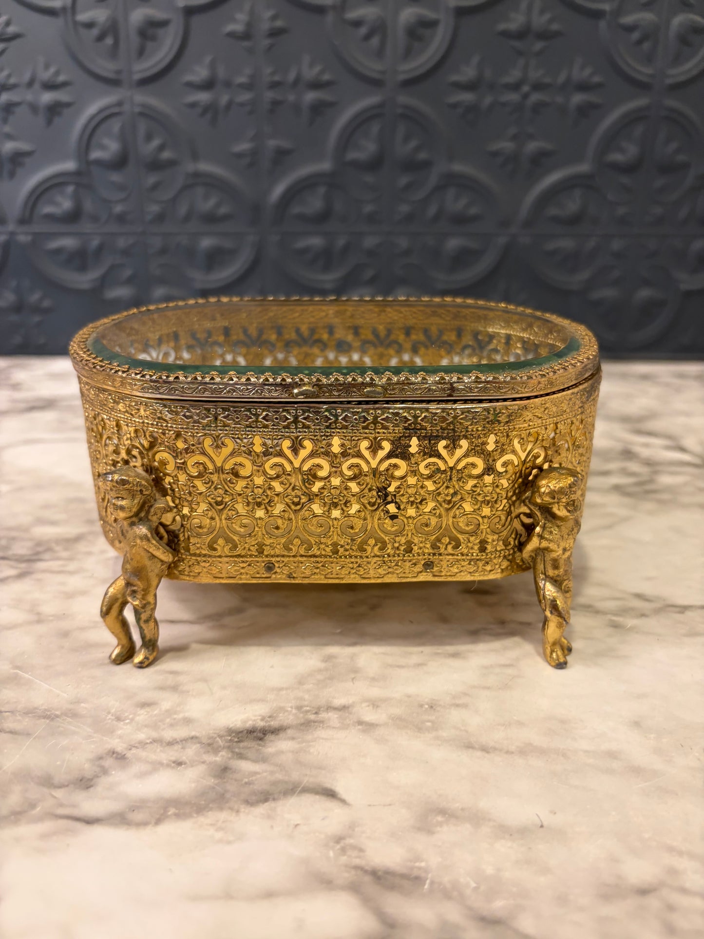Gold Filigree Jewelry Box with Cherub legs