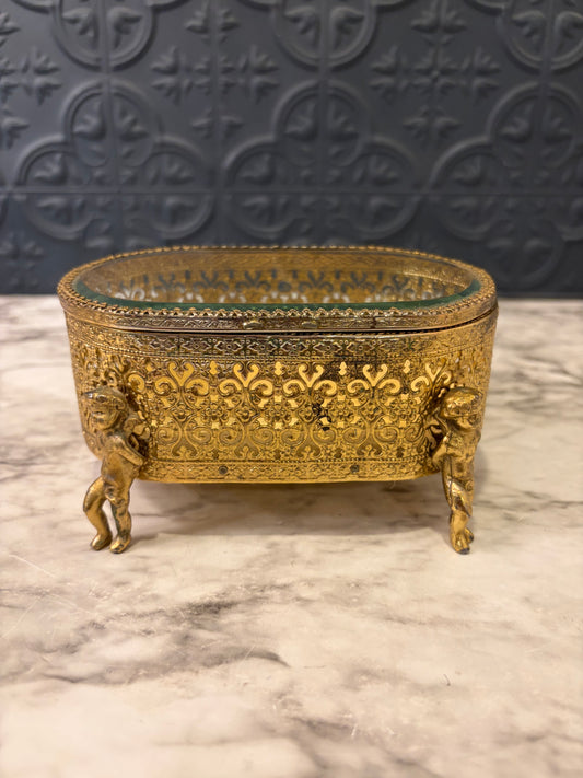 Gold Filigree Jewelry Box with Cherub legs