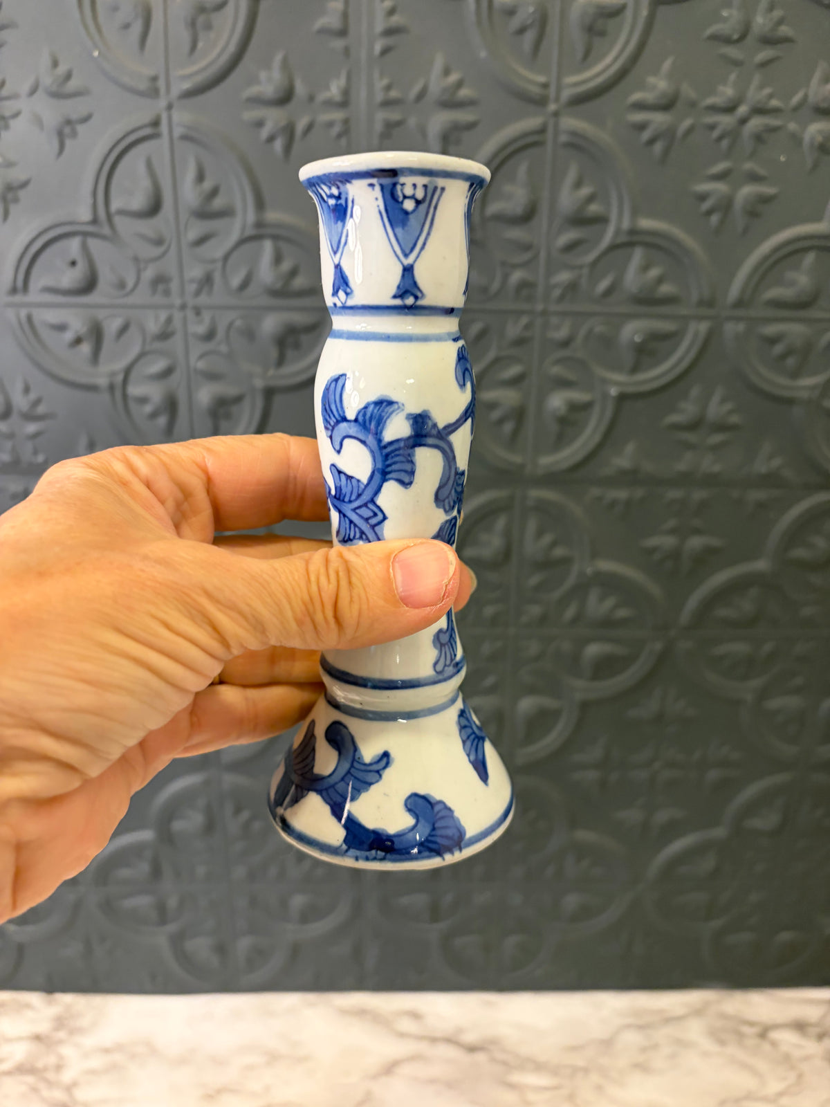Blue and White Porcelain Candle Holder 5.5"