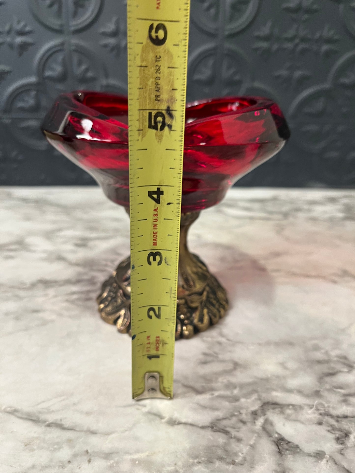 Red Glass Ashtray on Ornate base
