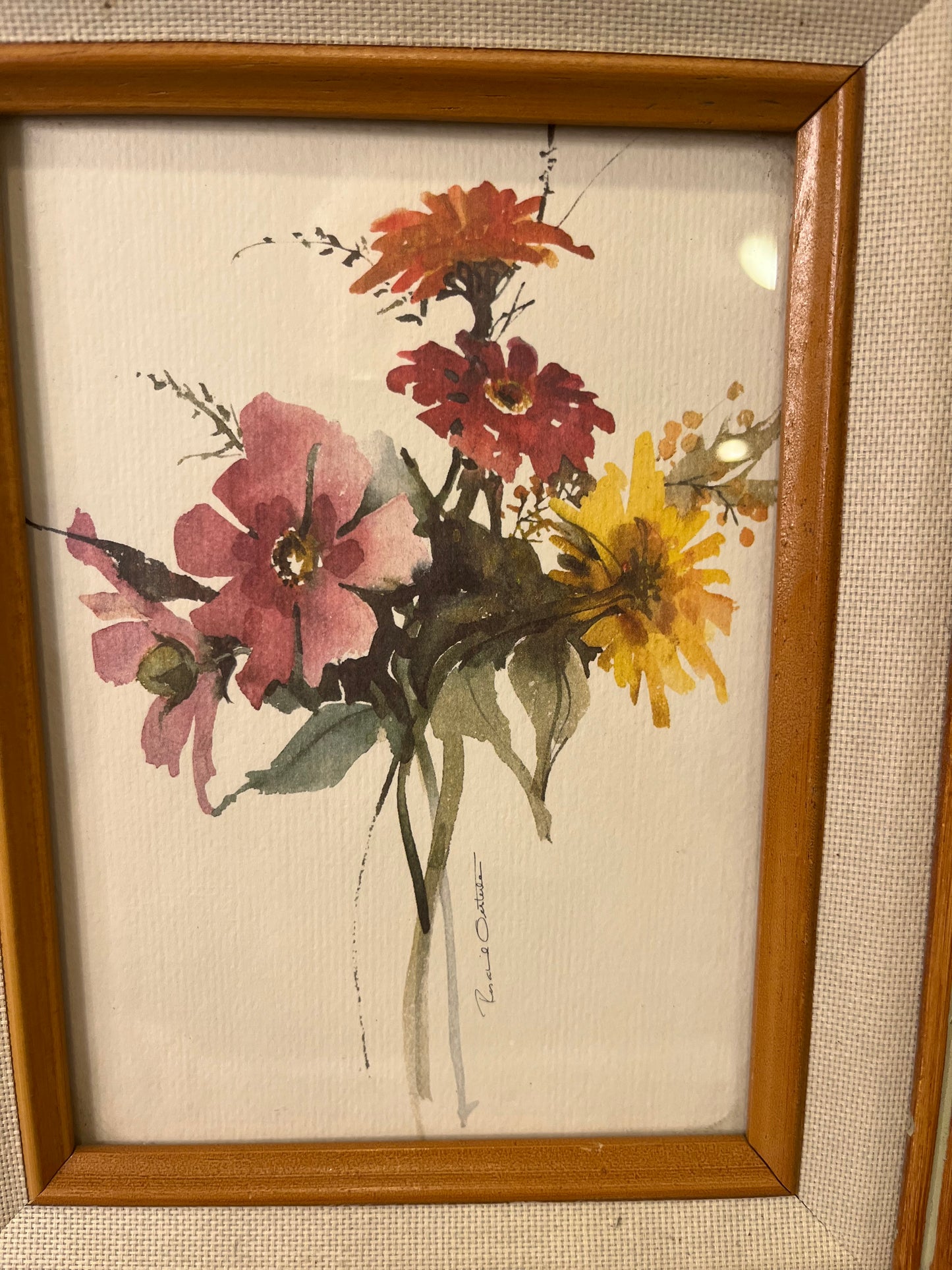 Light Wood Framed Floral Artwork Pink red and yellow