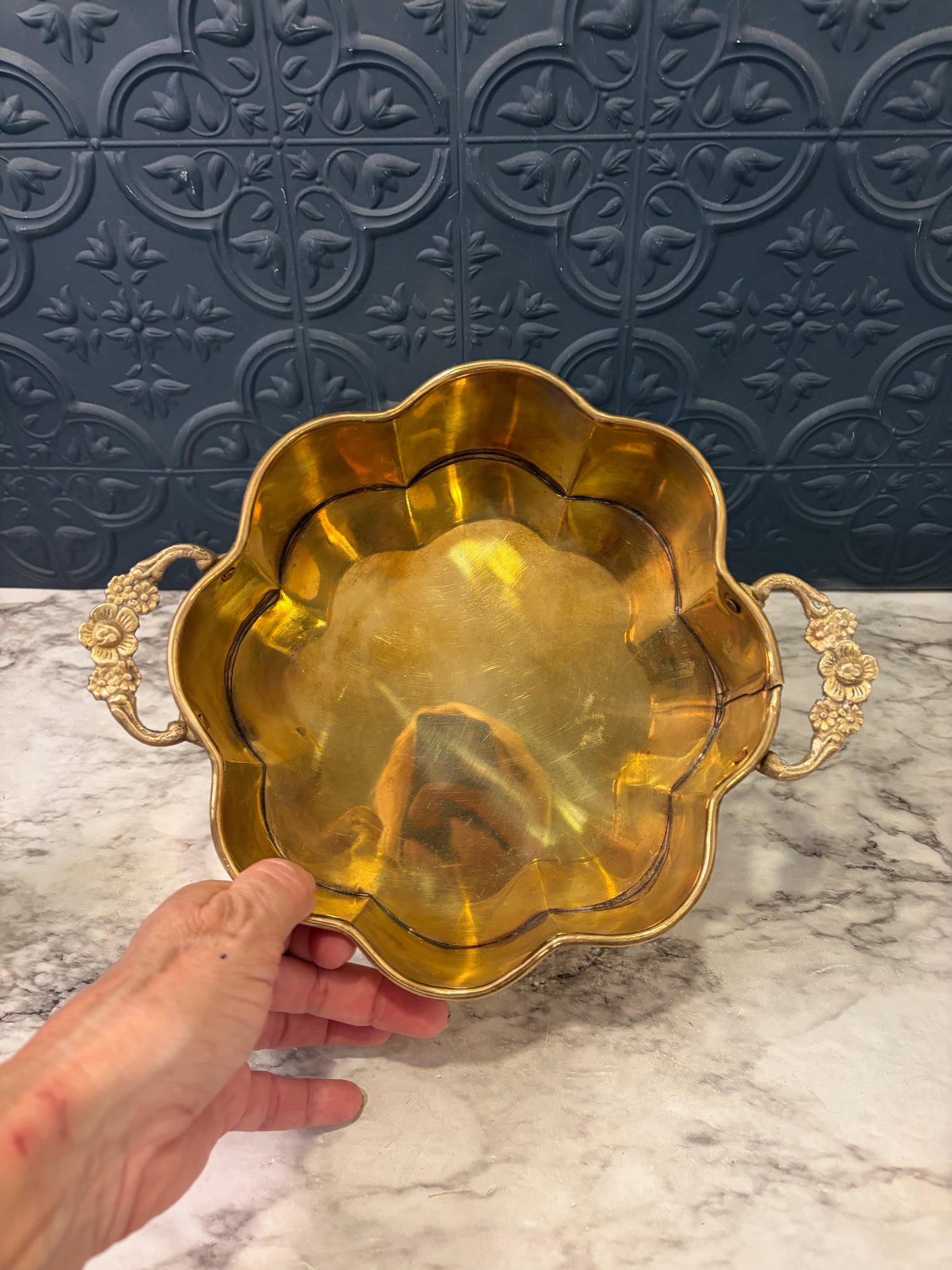 Brass Scallopped Pot with Handles Lg.