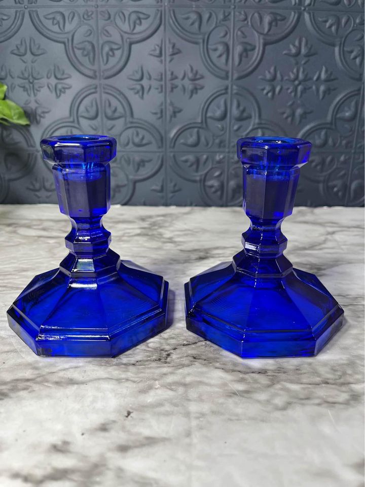 Short cobal blue glass candle holders x2