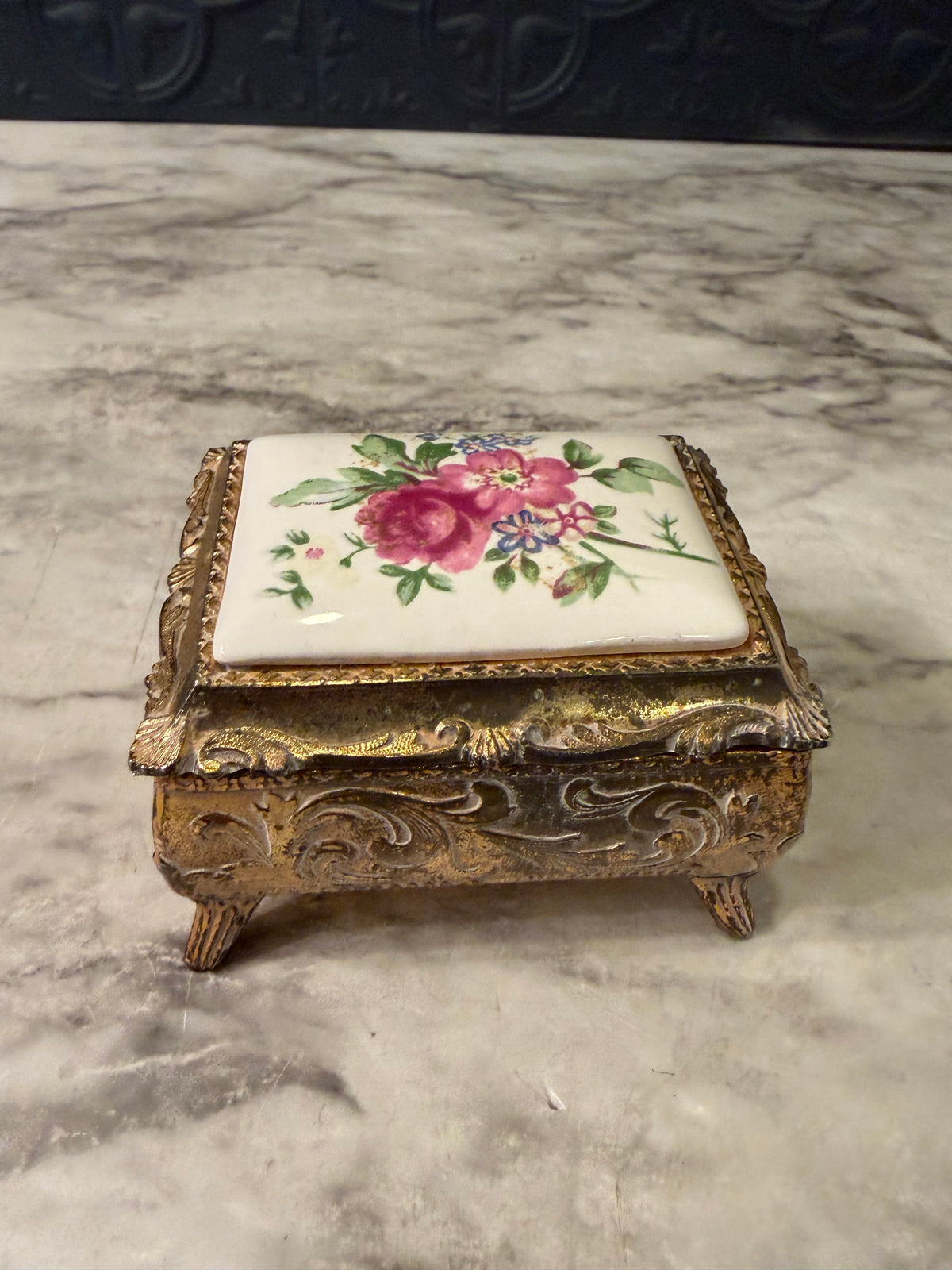 Cast Metal Trinket box with Porcelain Rose Top
