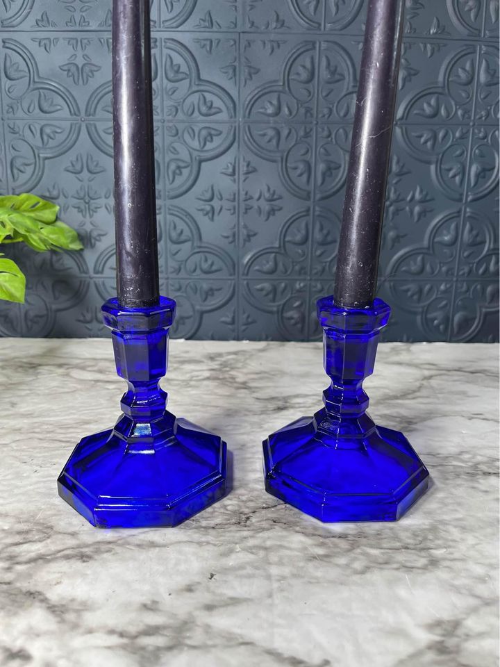 Short cobal blue glass candle holders x2