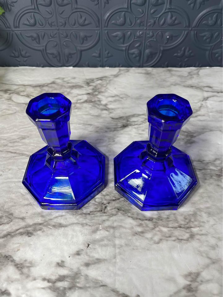 Short cobal blue glass candle holders x2