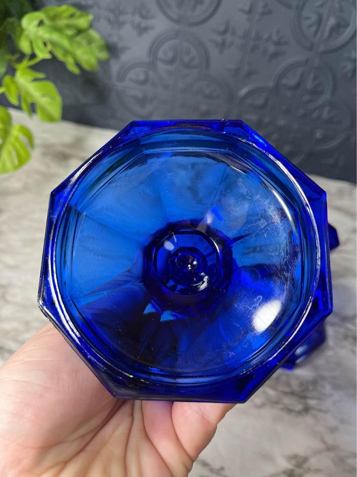 Short cobal blue glass candle holders x2