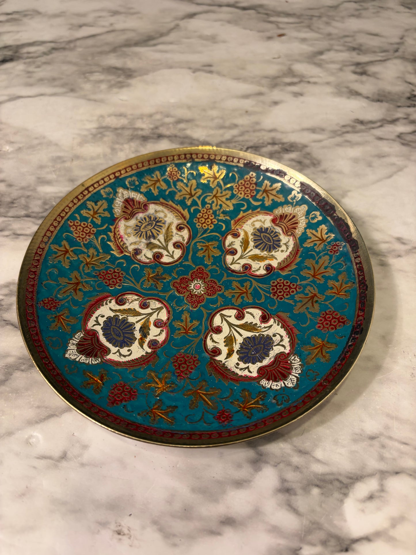 6" Brass Enamel Plate Teal and Red
