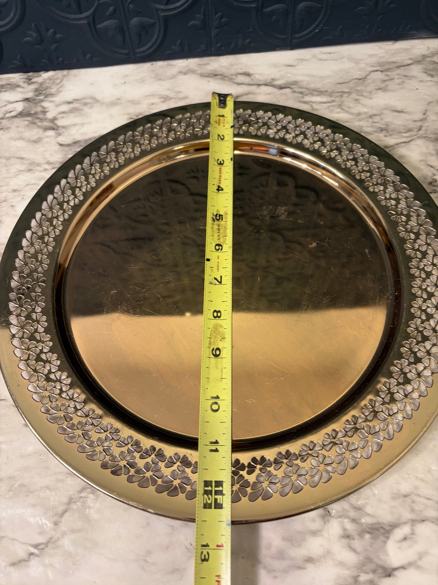 12.5" Round Brass Tray with Flower Cutouts