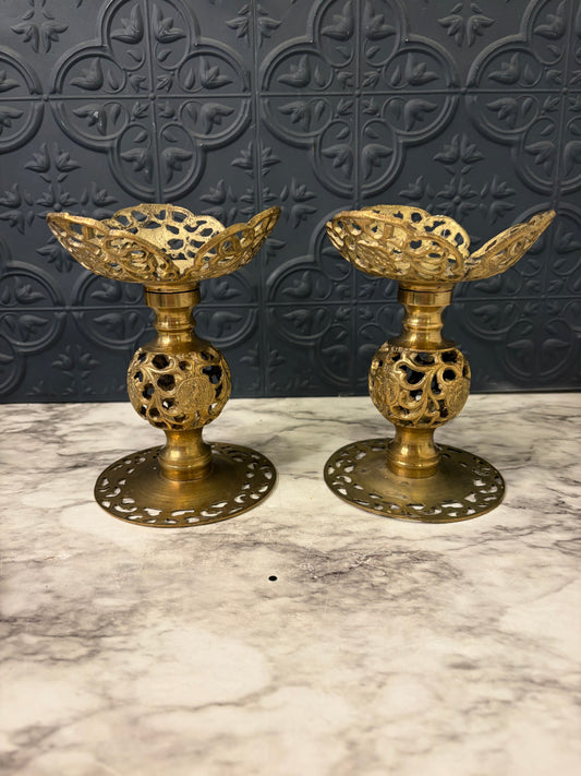 Cast Brass Ornate Candle Holder Set of 2