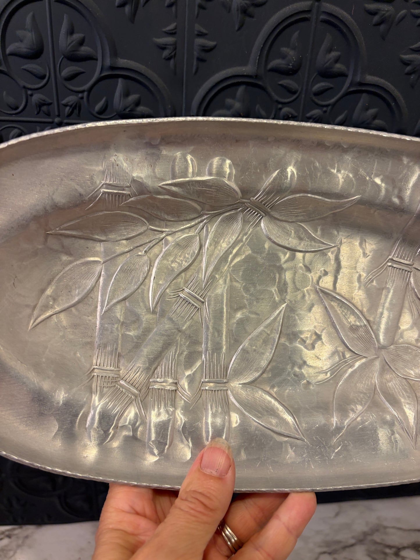 Aluminum Oval Bamboo Tray Mid Century