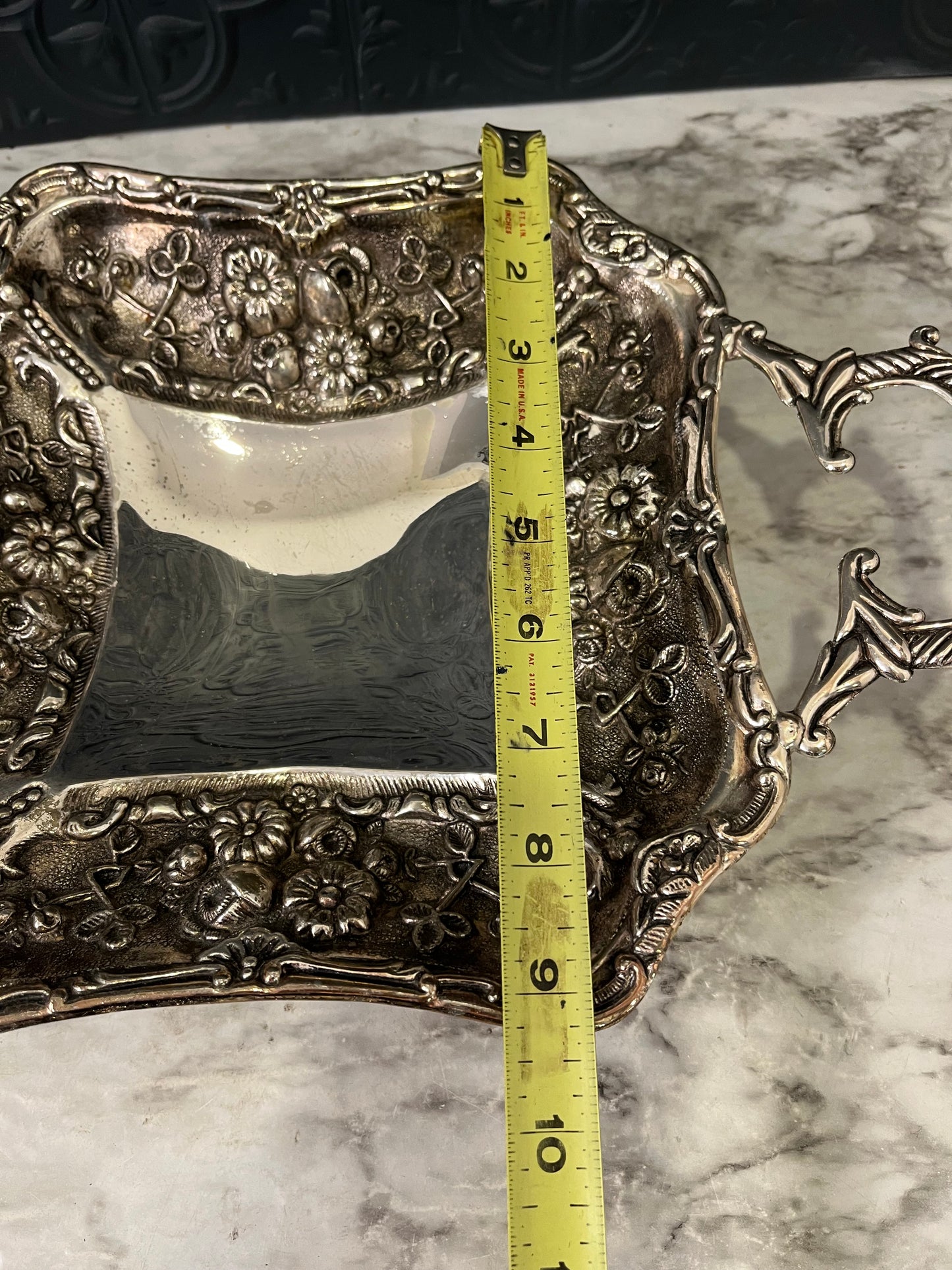 Silver plated serving dish with Handles and floral motif