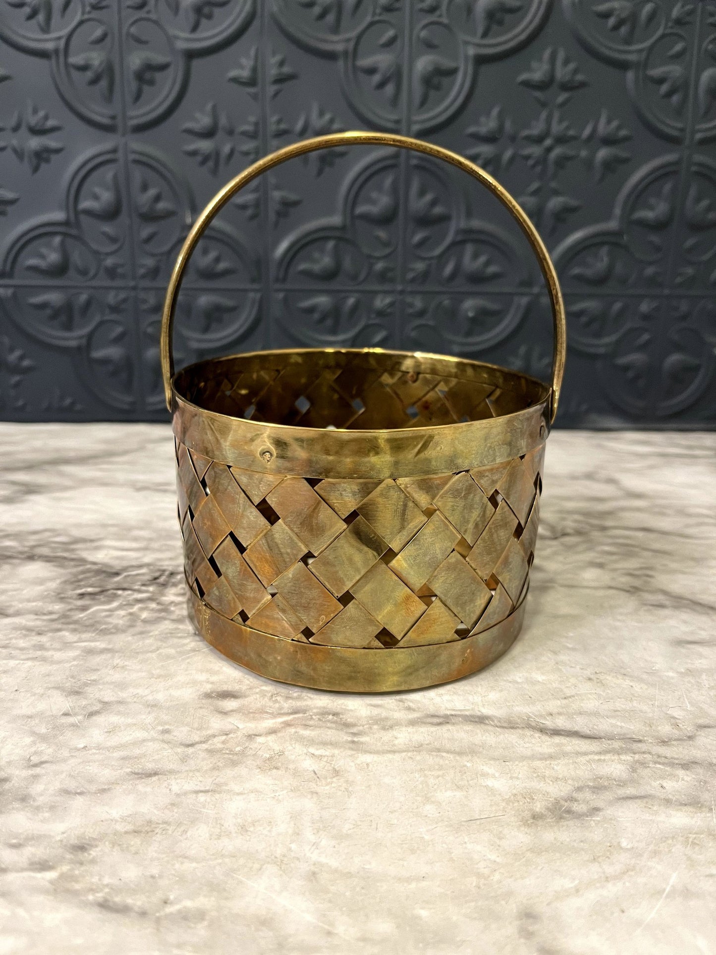 Round Woven Brass Basket with  handle