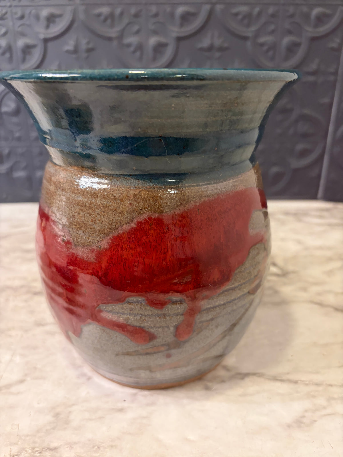 6.5" Pottery Vase Red and Teal
