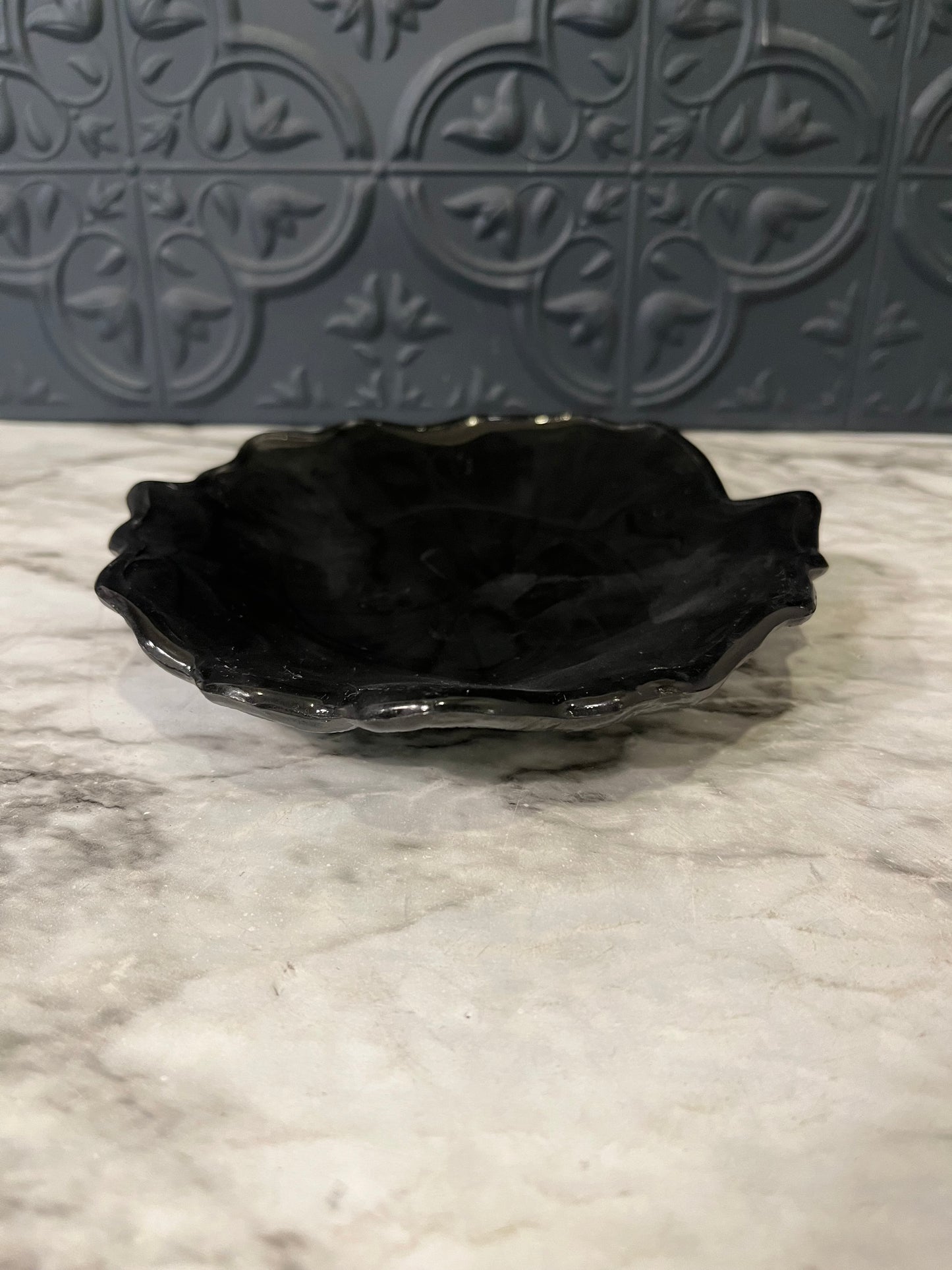Black Glass Floral Trinket Dish
