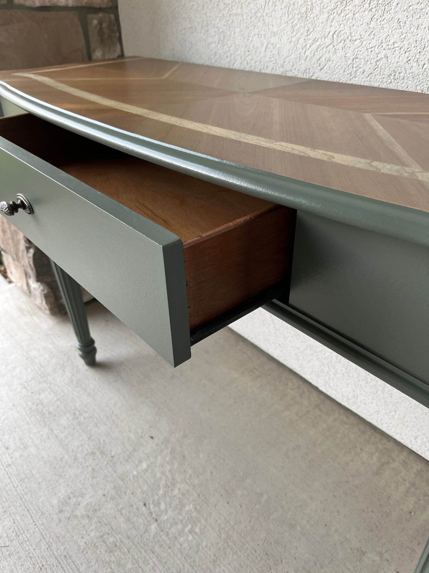 Green Entry Table with Wood Inlay Top Whitewashed