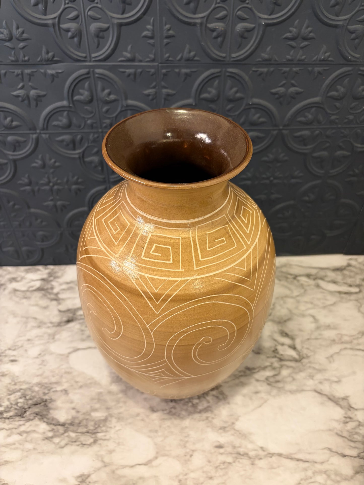 Tan Vase with Cream Greek Key Etching