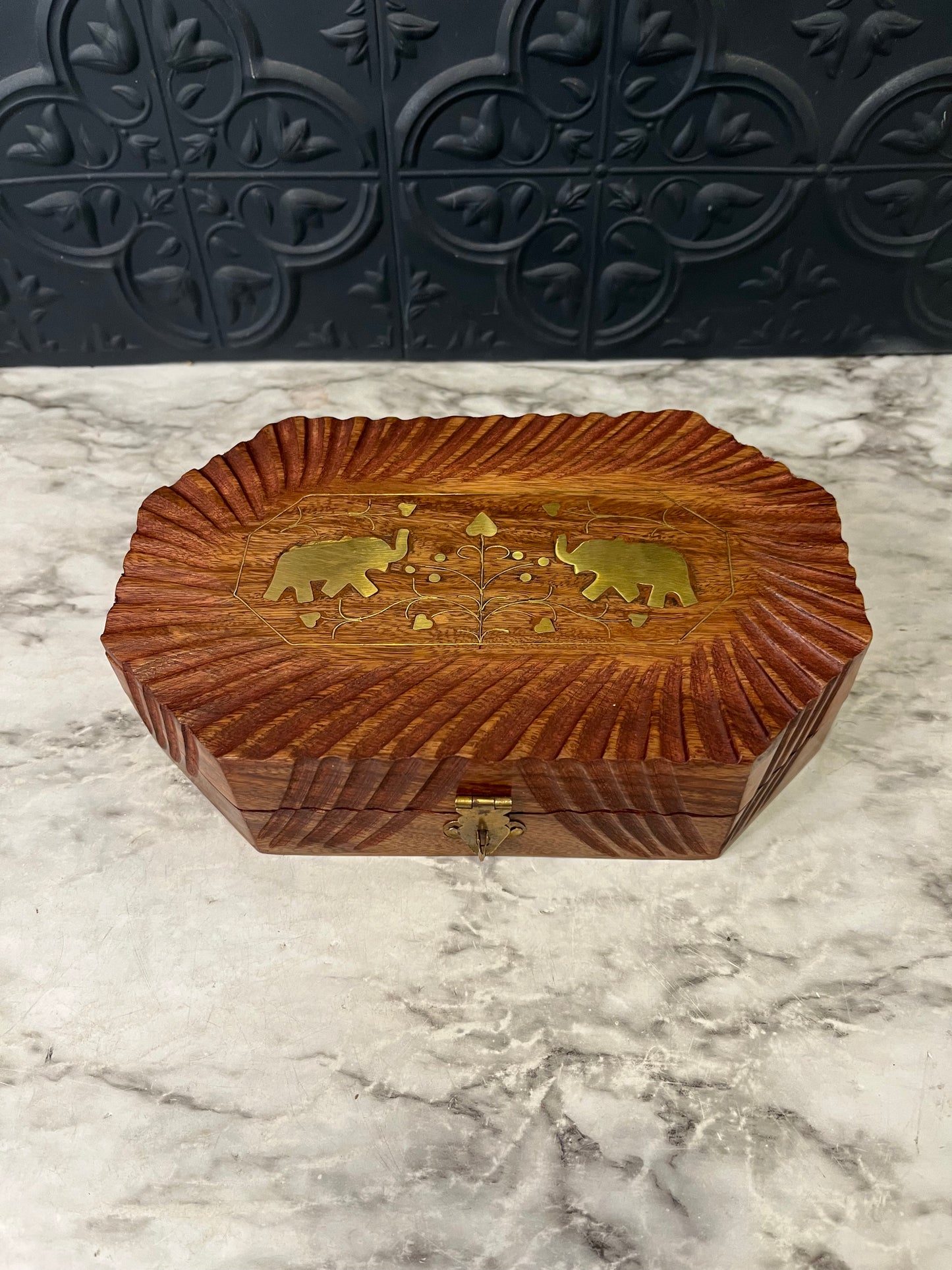 Carved Wooden Jewelry Box with Brass Inlaid Elephants