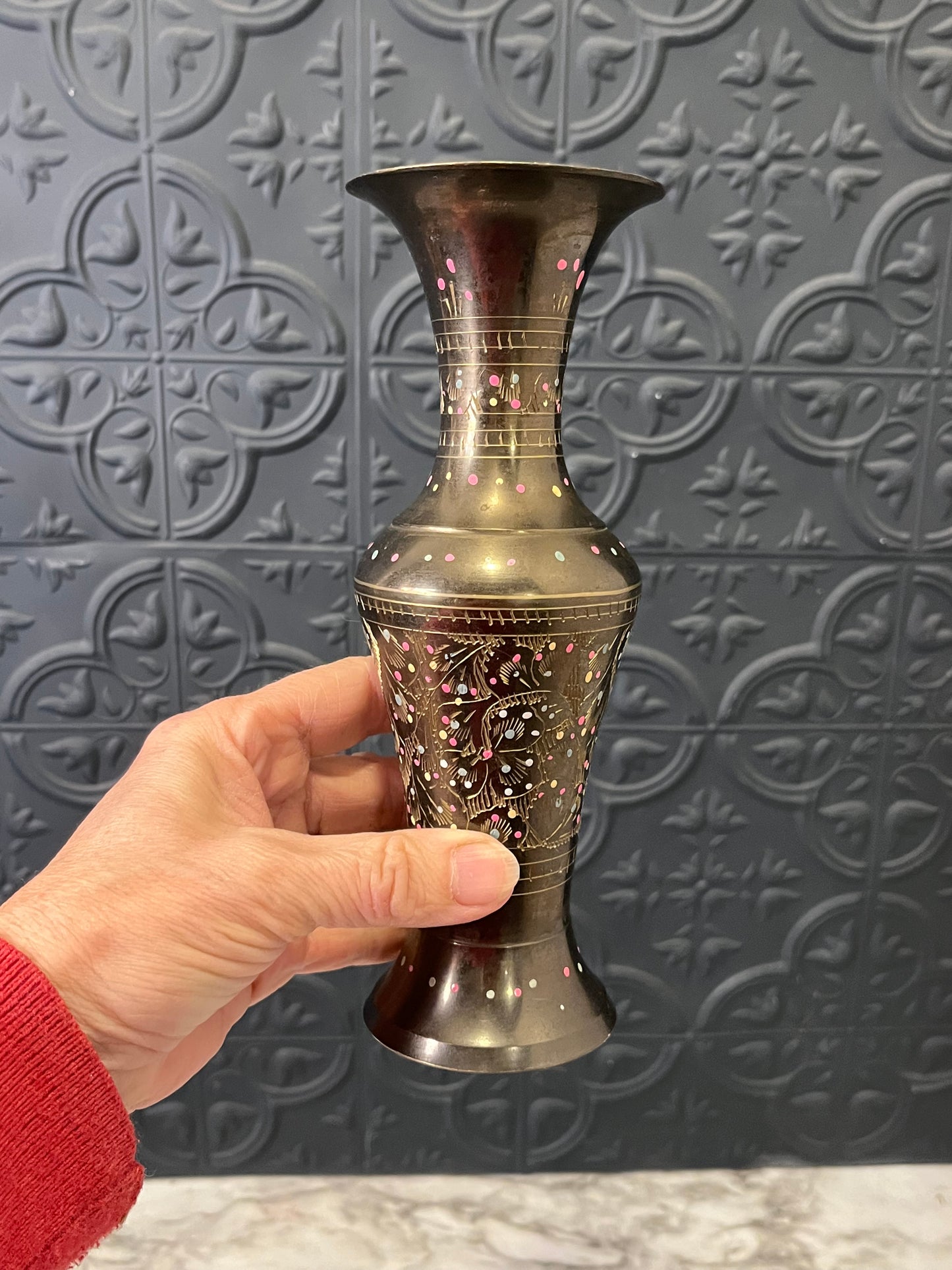 Etched Brass Vase with Polka Dot Design